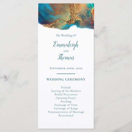 Mystical Abstract Blauwgroen Coral Gold Wedding Programma (Voorkant)