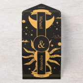 Mystical Black and Gold Sun Moon Wedding All In One Uitnodiging (Buitenkant)