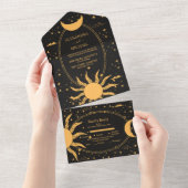 Mystical Black and Gold Sun Moon Wedding All In One Uitnodiging (Afscheurbaar)