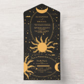 Mystical Black and Gold Sun Moon Wedding All In One Uitnodiging (Binnen)