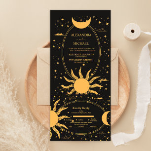 Mystical Black and Gold Sun Moon Wedding All In One Uitnodiging
