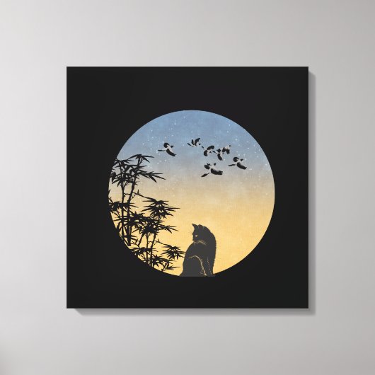 Mystical Black Cat & Bamboo - Japanese Art Canvas Afdruk (Voorkant)