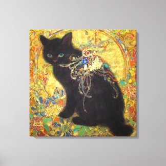 Mystical Black Cat in Golden Nihonga Canvas Afdruk
