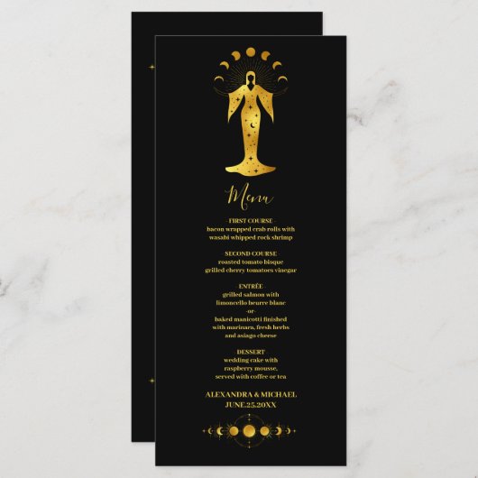 Mystical Black Gold Celestial Stars Menu Mariage (Devant / Derrière)