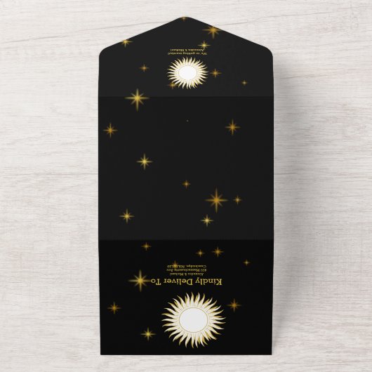 Mystical Black Gold Celestial Stars Wedding All In One Uitnodiging (Buitenkant)