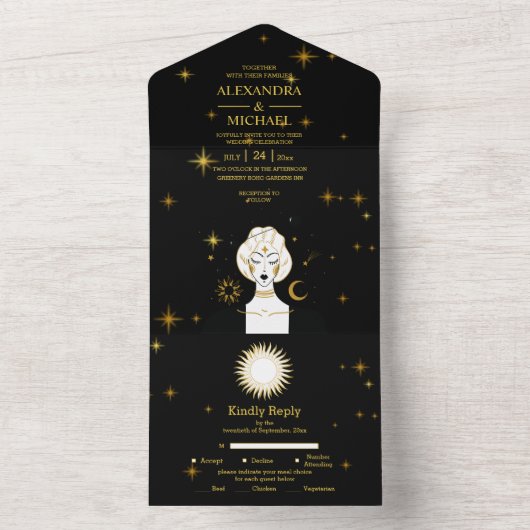 Mystical Black Gold Celestial Stars Wedding All In One Uitnodiging (Binnen)