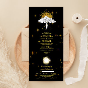 Mystical Black Gold Celestial Stars Wedding All In One Uitnodiging