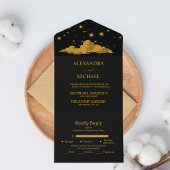 Mystical Black Gold Celestial Stars Wedding All In One Uitnodiging