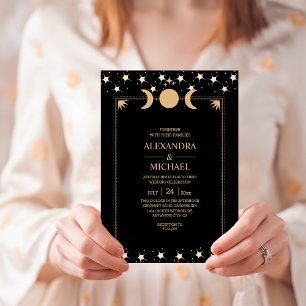 Mystical Black Gold Celestial Stars Wedding Invit Kaart