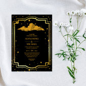 Mystical Black Gold Celestial Stars Wedding Invit Kaart