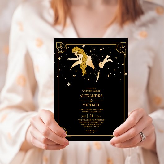 Mystical Black Gold Celestial Stars Wedding Invit Kaart