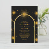 Mystical Black Gold Celestial Stars Wedding Kaart (Staand voorkant)