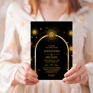 Mystical Black Gold Celestial Stars Wedding Kaart