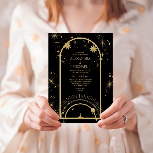 Mystical Black Gold Celestial Stars Wedding Kaart