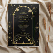 Mystical Black Gold Celestial Stars Wedding Kaart