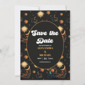 Mystical Black Gold Celestial Stars Wedding Save The Date (Voorkant)