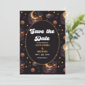 Mystical Black Gold Celestial Stars Wedding Save The Date (Staand voorkant)