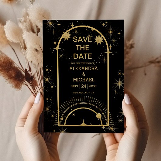 Mystical Black Gold Celestial Stars Wedding Save The Date