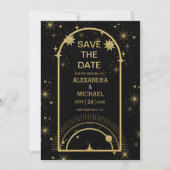 Mystical Black Gold Celestial Stars Wedding Save The Date (Voorkant)