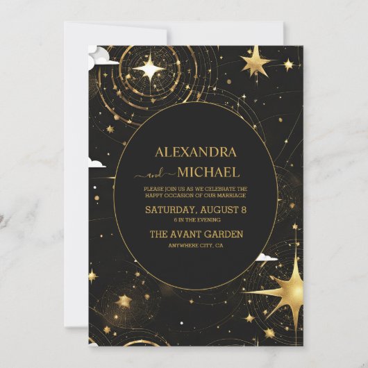 Mystical Black Gold Sun Moon Celestial Weddenschap Kaart (Voorkant)