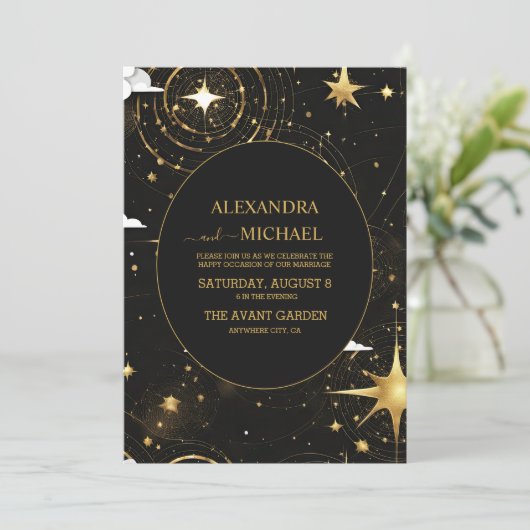 Mystical Black Gold Sun Moon Celestial Weddenschap Kaart (Staand voorkant)