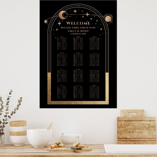 Mystical Black Gold Sun Moon Stars Weddenschap Poster (Keuken)