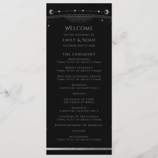 Mystical Black SIlver Sun Moon Stars Wedding Programma (Voorkant)