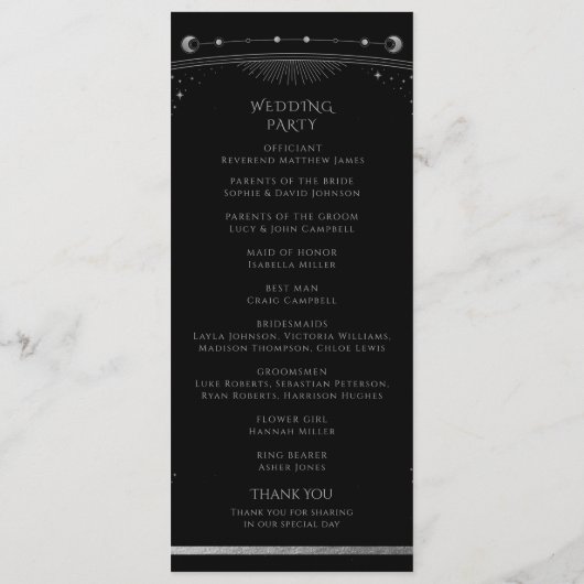 Mystical Black SIlver Sun Moon Stars Wedding Programma (Achterkant)