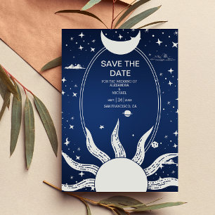 Mystical Blue en Silver Sun Moon Wedding Save The Date