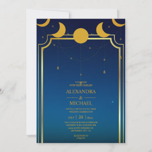 Mystical Blue Gold Celestial Stars Wedding Invit Kaart