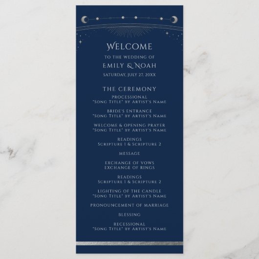 Mystical Blue Silver Sun Star Moon Space Weddensch Programma (Voorkant)