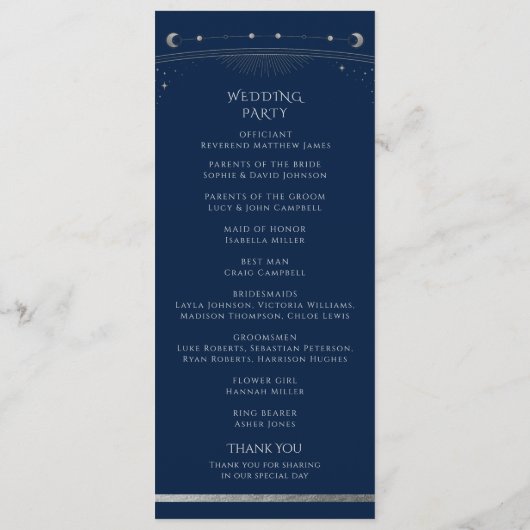 Mystical Blue Silver Sun Star Moon Space Weddensch Programma (Achterkant)