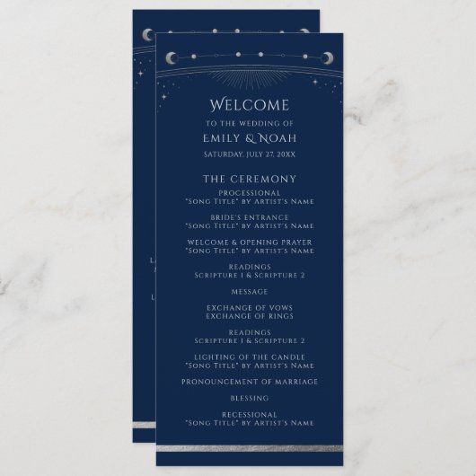 Mystical Blue Silver Sun Star Moon Space Weddensch Programma (Voorkant / Achterkant)