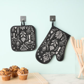 Mystical Boho Mushroom Design – Botanical Folk Art Ovenwant & Pannenlap Set