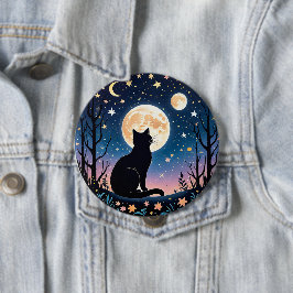 Mystical Cat Moon Button | Cute Night Sky Cat Pin 