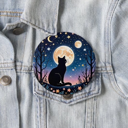 Mystical Cat Moon Button | Cute Night Sky Cat Pin  (In situ)