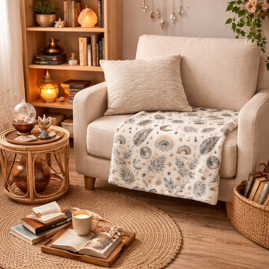 Mystical Celestial Moon Stars Pattern Fleece Deken