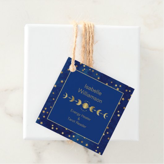 Mystical Celestial Stars Moon Phase Navy Blue Bedankjes Labels (In situ)