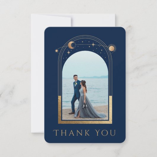 Mystical Chic Blue Star Moon Photo Weddenschap Bedankkaart (Voorkant)
