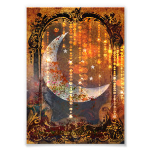 Mystical Dark Gold Crescent Moon Jewels Foto Afdruk