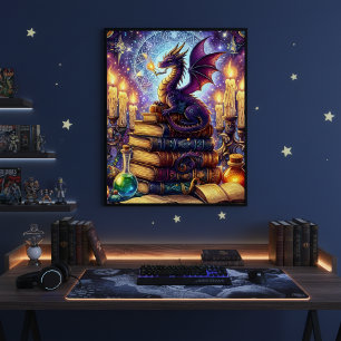 Mystical Dragon Wizard Boeken Perfect Poster