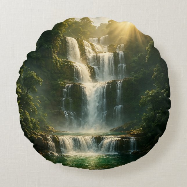 Mystical Forest Waterfall Nature Round Pillow Rond Kussen (Voorkant)