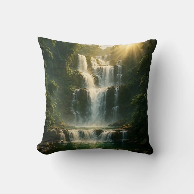 Mystical Forest Waterfall Nature Throw Pillow Kussen (Voorkant)