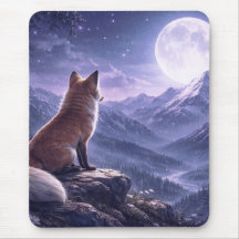 Mystical Fox & Giant Moon Snowy Mountain Peaks