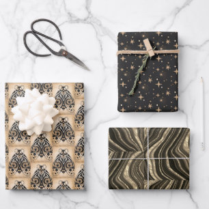 Mystical Gold Black Stars Marble All Occasion Inpakpapier Vel