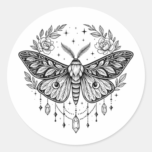 Mystical Gothic Moth Botanical Celestial Line Art  Ronde Sticker (Voorkant)