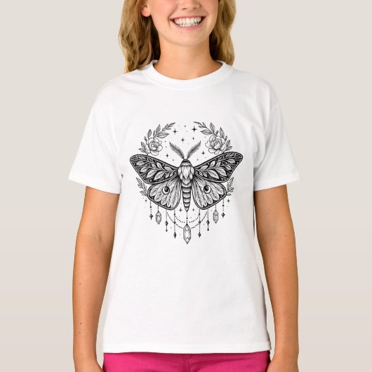 Mystical Gothic Moth Botanical Celestial Line Art T-shirt (Voorkant)