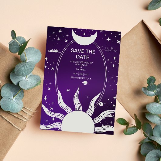 Mystical Paars en Silver Sun Moon Wedding Save The Date