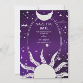 Mystical Paars en Silver Sun Moon Wedding Save The Date (Voorkant)