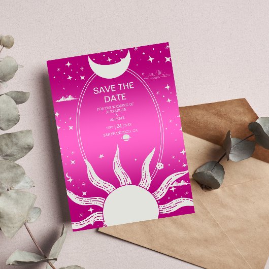 Mystical Pink and Silver Sun Moon Wedding Save The Date